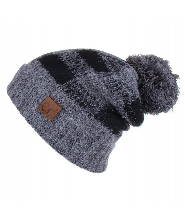 Hatsandscarf CC Buffalo Check Pattern Fuzzy Lined Knit Pom Beanie Hat (HAT-55) - Dk.mel Grey/Black - CE189O7WESM