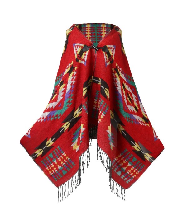 UTOVME Womens Wool Blend Fashion Bohemian Fringe End Poncho Cashmere Feel Cape - Red - C4126DGVLGX