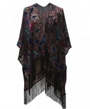 Genovega Floral Burnout Velvet Dress Kimono Cardigan Poncho With Fringe Velvet Shawls Wraps - 36 - CR180HRDYTL