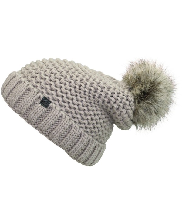 Luxury Divas Winter Knit Beanie Hat With Faux Fur Pom Pom - Taupe - C0187C6TQ24