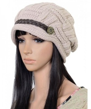 Women Winter Beanie Cabled Checker Pattern Knit Hat Button Strap Cap - Beige - C8128IO0VCN