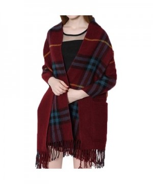 Cekaso Women's Plaid Shawl Reversible Wrap Blanket Fringed Oversize Pocket Scarf - Wine Red - CC12NH8U2RV