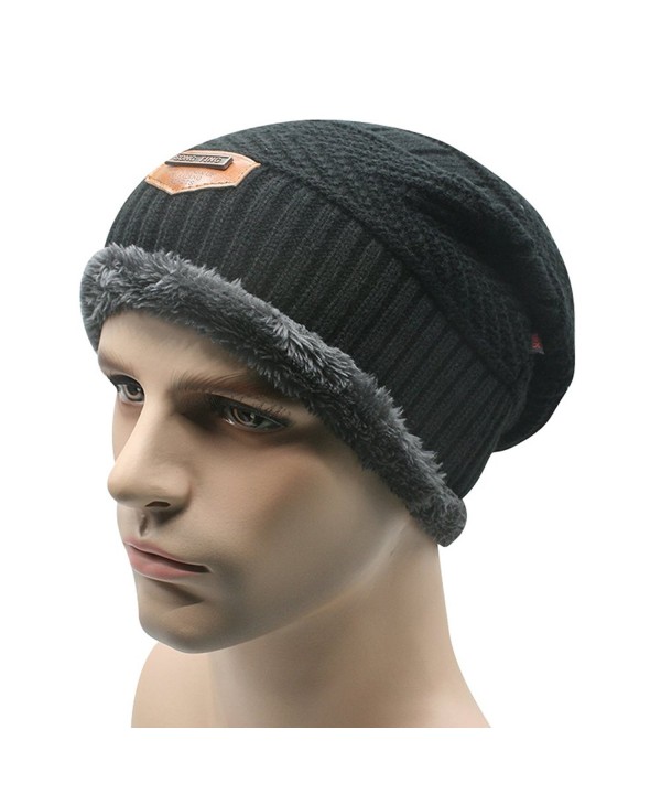 Quest Sweet Men Soft Lined Thick Wool Knit Skull Cap Warm Winter Slouchy Beanies Hat - Black - CU12NSJ71LT