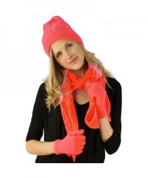 Ladies 3pc Winter Soft Cable Knit Beanie Skull Hat Long Scarf Gloves Set - Pink - C311PCWO3CJ