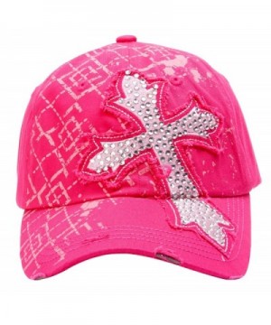 TopHeadwear Beaded Cross Distressed Adjustable Baseball Cap - Hot Pink - CT11O3DV731