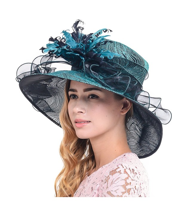 Wimdream women Organza Derby Church wedding party wide brim feather hat S041-S - Turquoise - CY12O8Q2MCA