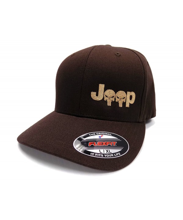Jeep Logo With Punisher Skull Symbol Left Panel Embroidered Flexfit Twill Cap - Brown/Tan - CE12IJW8315