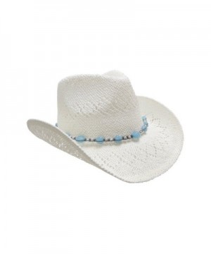 Straw Cowboy Hat for Women with Beaded Trim and Shapeable Brim - White - CT11MAYBE41
