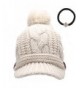 Women's Thick Cable Knitted Beanie Visor Cap Button Pom Pom with Scrunchy - Ivory - CY12M6ACDYN