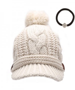 Women's Thick Cable Knitted Beanie Visor Cap Button Pom Pom with Scrunchy - Ivory - CY12M6ACDYN