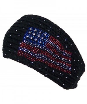 D&Y Womens Tight Rib Knit Headband W/Jeweled American Flag Design (One Size) - Black - CG125EPPQA5