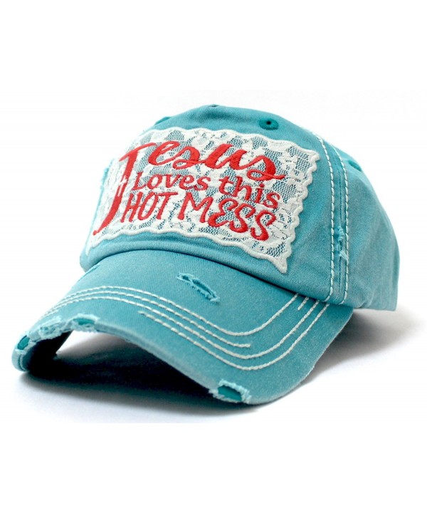 LACE "Jesus Loves this HOT MESS" Embroidery Patch Vintage Cap - Turquoise - CV185D48XCK