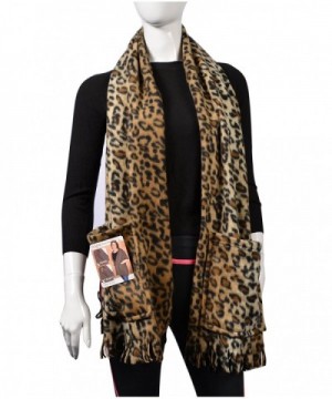 KC Caps Soft Fleece Fringed Shawl Wrap Shoulder Cozy Winter Scarf with Pockets - Cheetah - C0129KLHM11