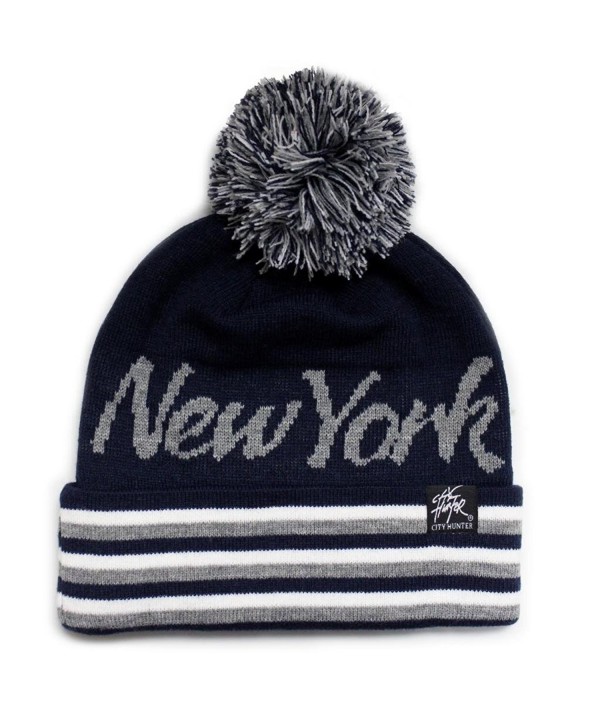 City Hunter Sk930 Stripe Script City Pom Knit Beanie Hat -New York (7 Colors) - Navy/Light Grey - CX11GHE74RH