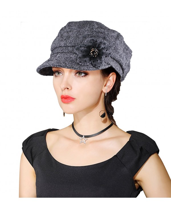 EINSKEY Womens Visor Beret newsboy Cap Wool Felt Cloche With Flower Cabbie Hat For Ladies Girls - Grey - CE12G9L83YZ