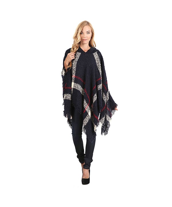 Hooded Plaid Poncho with Tassels - Navy and Red - CM127YK89SZ