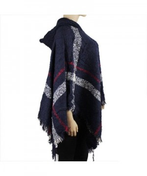 Hooded Plaid Poncho Tassels Navy