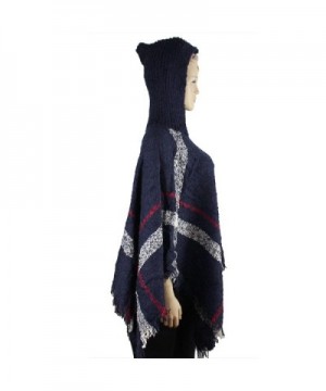 Hooded Plaid Poncho Tassels Navy in Wraps & Pashminas