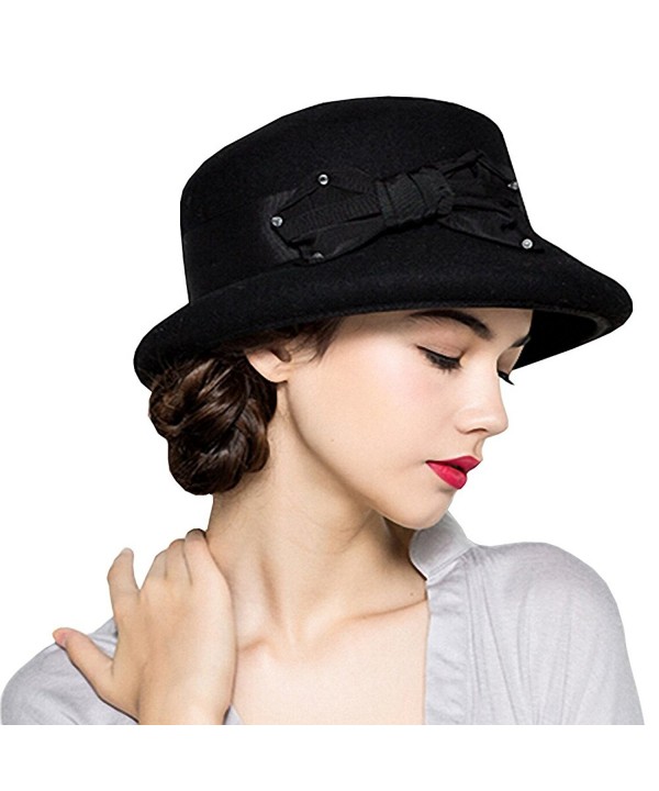 Maitose Women's Bow Flowers Wool Felt Bowler Hat - Black - C212MCIFTWX