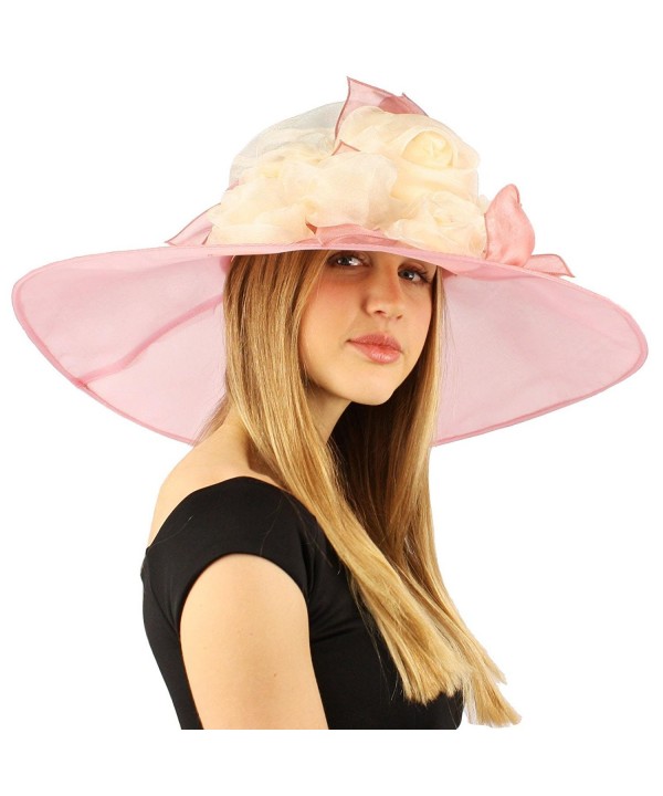 Scarlet Kentucky Derby Floppy Rose Floral 7" Wide Brim Organza Church Hat - Pink - C011VWVMJ75