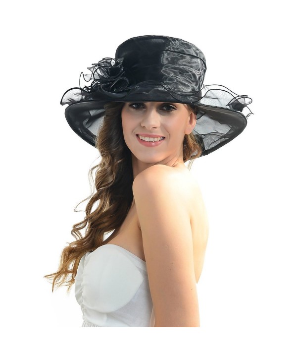 IL Caldo Women's Fascinator Flowers Wide Brim Gauze Hat Headdress Kentucky Derby Church Dress Sun Hat - Black - CJ12C5BHR5J