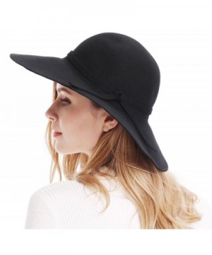 Bienvenu Women's Wide Brim Wool Ribbon Band Floppy Hat - Black - C911N7Q029P