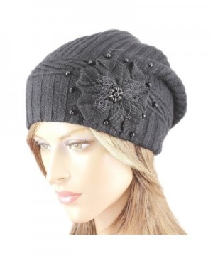 LA-EL COUTURE Womens Wool&Angora With Pearls and Rhinestones Flower Warm Beanie - Black - CK12BXKPK75