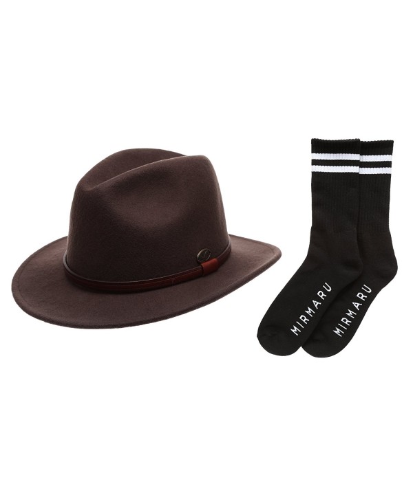 Men's Premium Wool Outback Fedora with Faux Leather Band Hat with Socks. - He61-brown - C512MZL9U0V