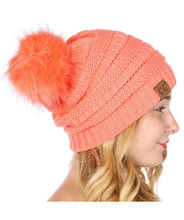 C.C Serenita Solid Ribbed Hat With Matching Faux Fur Pom-Pom Knit Beanie Hat - Coral - CT186GA4N27