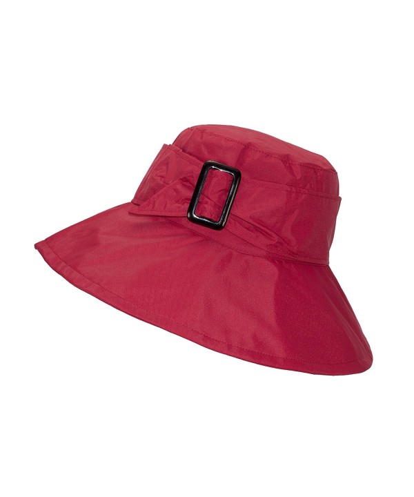 FLH Cute Bucket Rain Hat w/Buckle Accent- 3.5 inch Wide Brim- Roll-Up Packable - Red - C818595L6KS