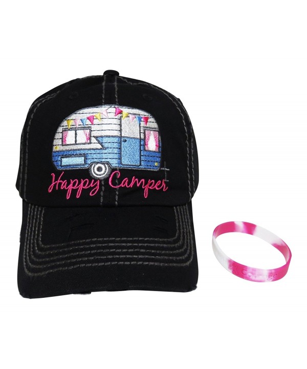 Embroidered Happy Camper Vintage Style Baseball Cap +FREE BRACELET - Black - CP12MZCLAFN