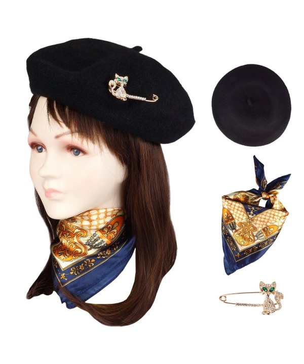 Jeicy Wool Beret Hat Solid Color French artist Beret With Skily Scarf and Brooch - Black - CQ1883RE33D