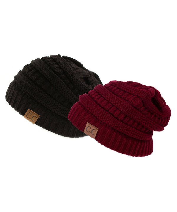 Trendy Warm Chunky Soft Stretch Cable Knit Slouchy Beanie Skully- Gift Set-Black & Burgundy- One Size - CA11PW1Y6PT