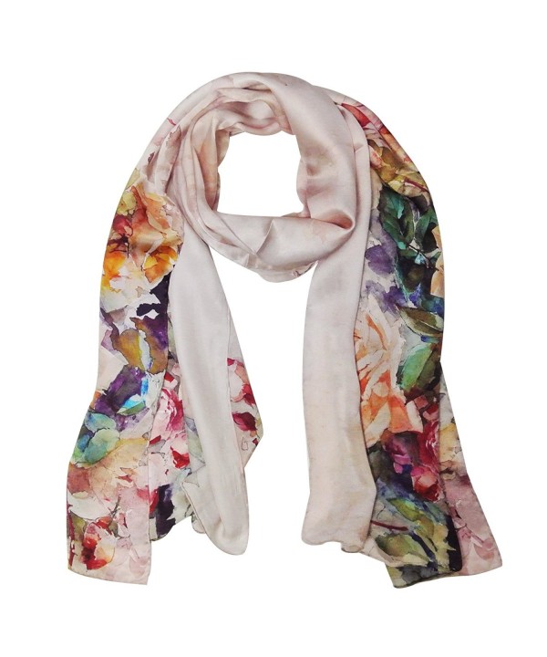 Wrapables Luxurious 100% Charmeuse Silk Floral Painting Long Scarf with Hand Rolled Edges- Roses in Bloom - CV11JY346KB