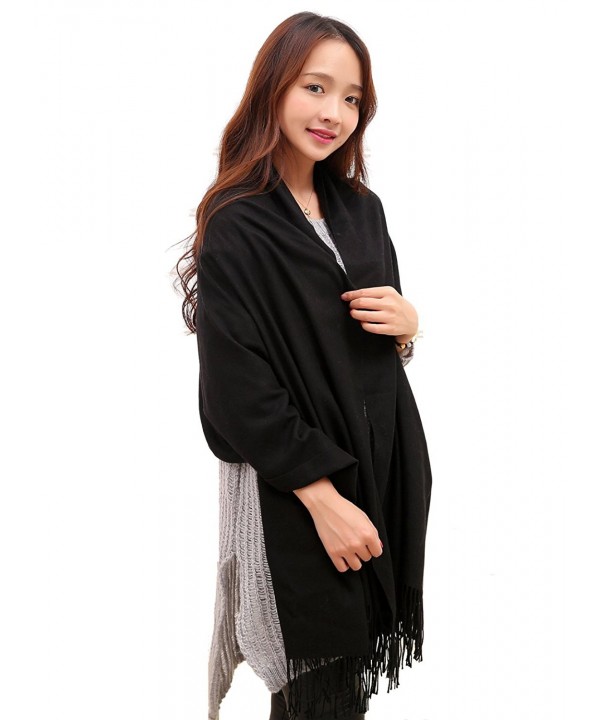 Anboor Cashmere Feel Blanket Scarf Super Soft with Tassel Solid Color Warm Shawl for Women - Black - C312LLEY925
