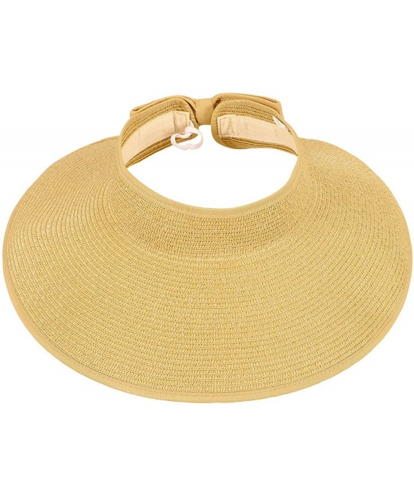 TAUT Women's Roll up Wide Brim Straw Hat Visor With Bow - Beige - CN123GYXFWN