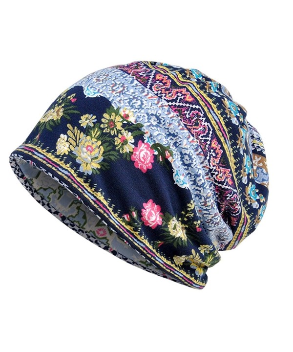 Parkside wind Womens Soft Cotton Boho Ethnic Flower Print Stripe Slouch Beanie Infinity Scarf (Blue) - C518742TA27