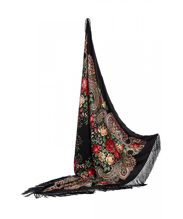 Ladies Oversized Floral Shawl With Tassels Ukrainian Polish Russian Wrap 51" x 51" - Black - CO17YLUU5KN