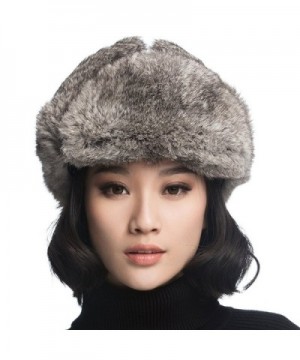 URSFUR Rabbit Fur Aviator Hat Women Black Leather Winter Bomber Cap Russian - Black With Grey Rabbit Fur - CC120I2O0LV