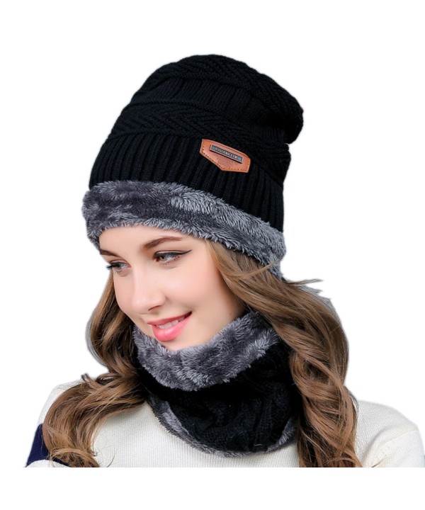 2-Pieces Winter Knit Hat and Circle Scarf with Fleece Lining- Warm Beanie Cap for Women - Black - CP186XYSLIO