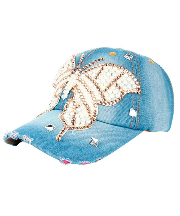 Highpot Women Rhinestone Butterfly Denim Baseball Cap Snapback Flat Hat - A - CG1832NCMRE