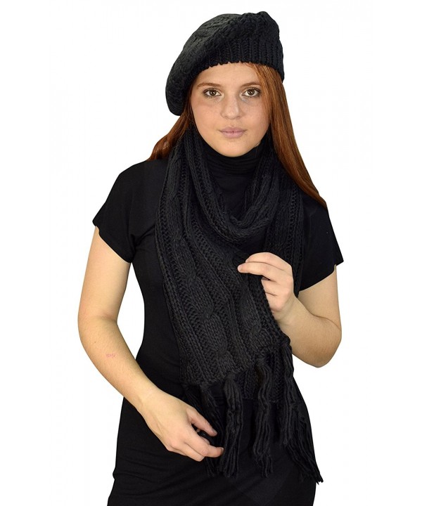 Peach Couture Cable Knit Beret Beanie Hat and Scarf Set - Black (49) - CZ187UDNAU6