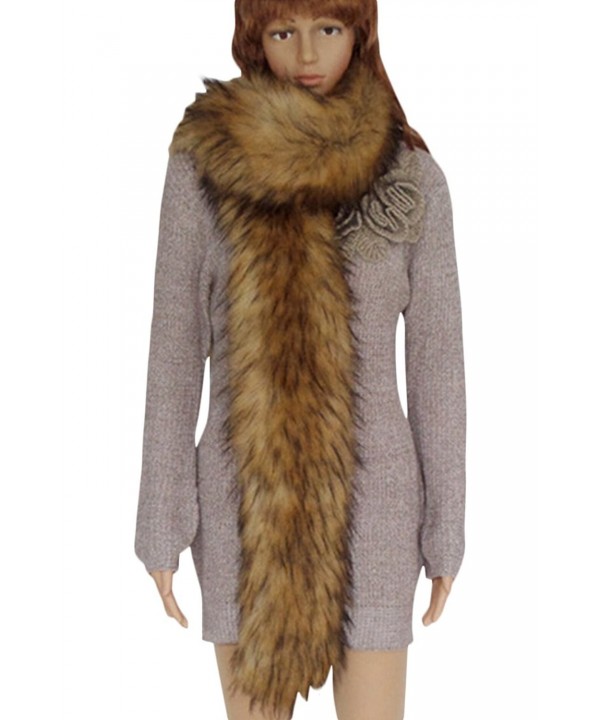 VamJump Women Winter Warm Faux Fox Raccoon Fur Collar Long Scarf - Kahki - CV127Z34O1H