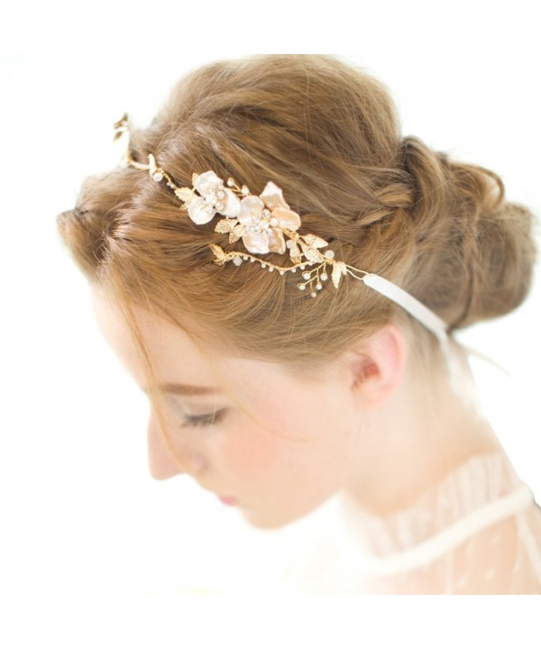 FAYBOX Gold Leaf Themed Crystal Pearl Bridal Headband Wedding Hair Accessories - CS12BCTF383