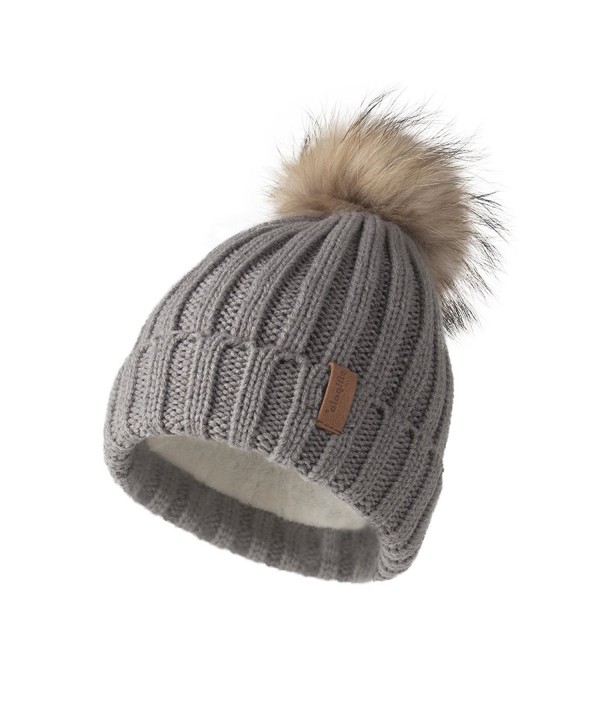 Pilipala Women Knit Winter Turn up Beanie Hat Fur Pompom VC17604 - Gray(raccoon Pompom) - C3188N3RSQ7