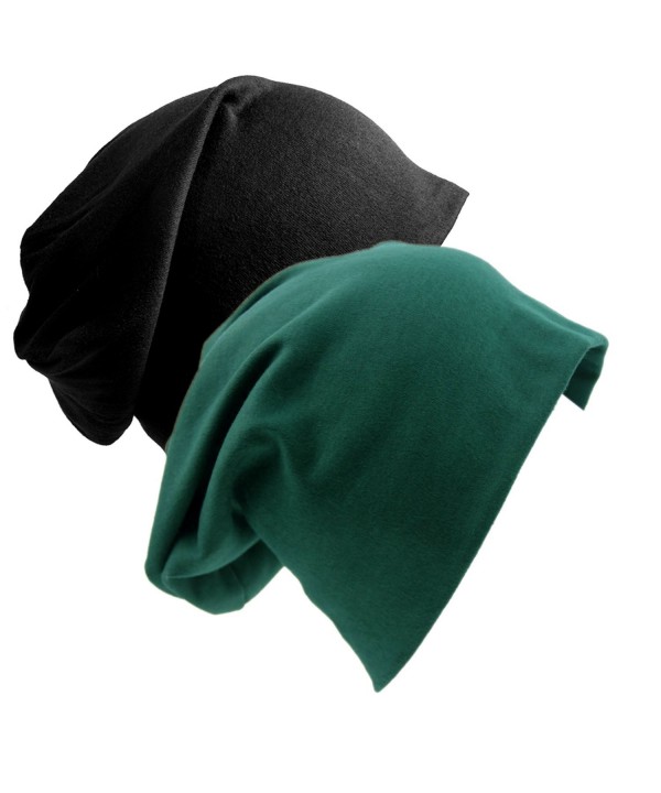 Senker 2 Pack of Baggy Soft Cotton Slouchy Stretch Beanie Hat-Chemo hats for Men and Women - Black/Dark Green - CI187W5RN4S