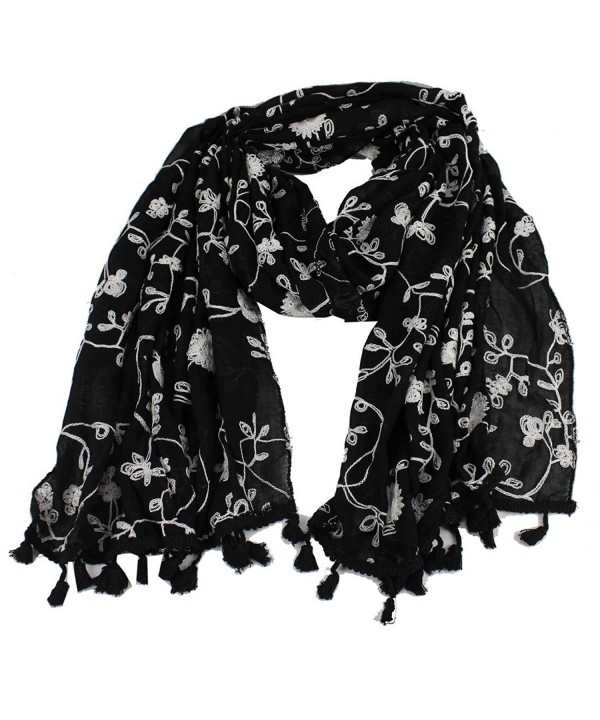 Women's Embroidery Floral Cotton Stole Wrap Tassel Edge Oblong Scarf Shawl - Black - C812096B53H