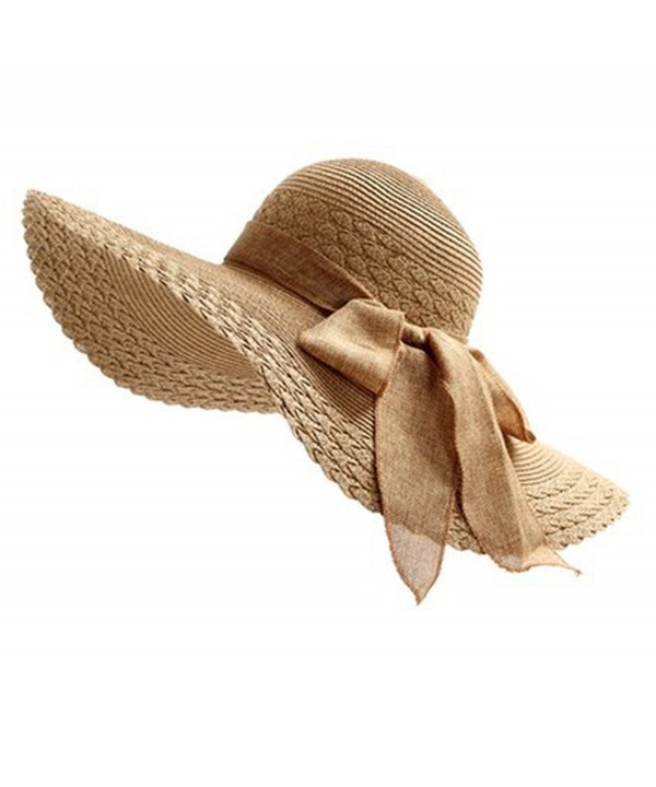 Ladies Bold Cursive Sunhat Foldable Floppy Summer Outdoor Hat Beach Cap Sun Visor with Big Bow - Coffee - CQ182H6Y3CD