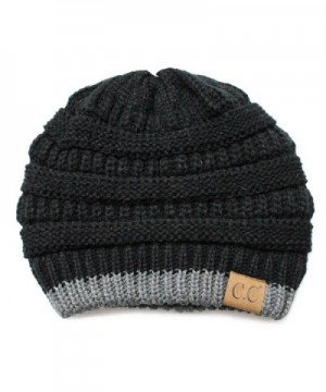 Hatsandscarf CC Cable Knit Soft Stretch Two Tone Striped Beanie Hat (HAT-57) - Black/Dk. Mel Grey - C1189NXLAU0