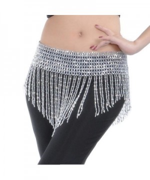 ZYZF Beaded Elastic Waist Rave Belly Dance Skirt Hip Scarf Costume - Silver - C612G7AVKGF